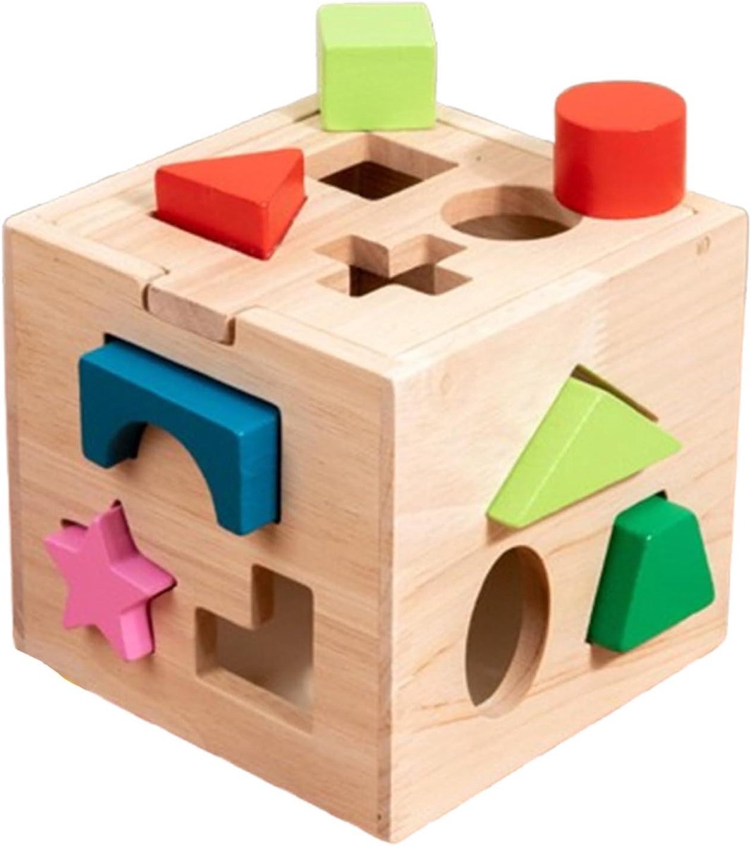 Vormen Sorteerder - Cognitief Leerspel - Peuter Ontwikkeling - Duurzame Houten Bouw - 14 x 14 x 15 cm - Multicolor