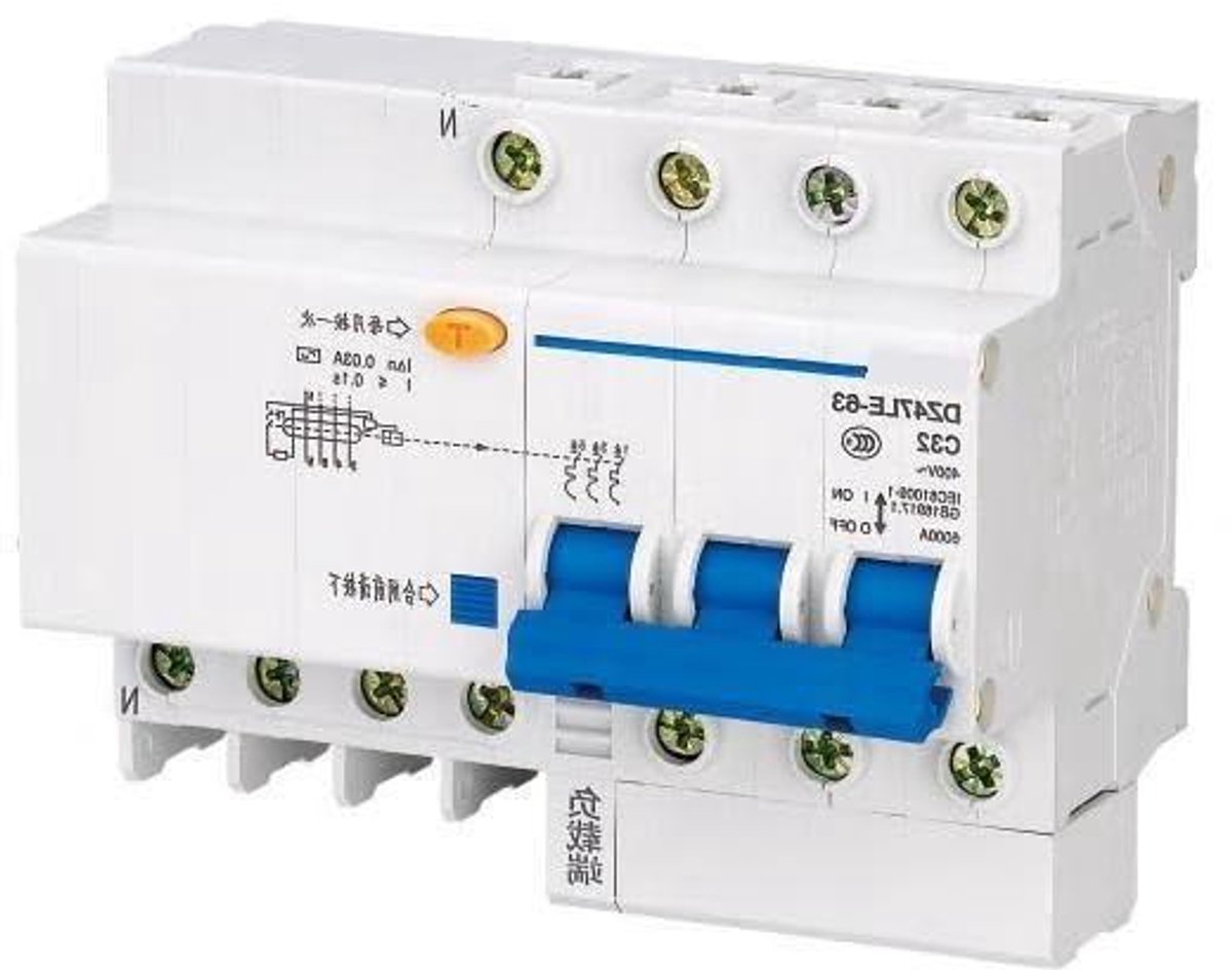 Aardlekbeveiliging - Stroomonderbreker - Elektrische beveiliging - 3P+N C40 100mA - 6 kA - Grijs