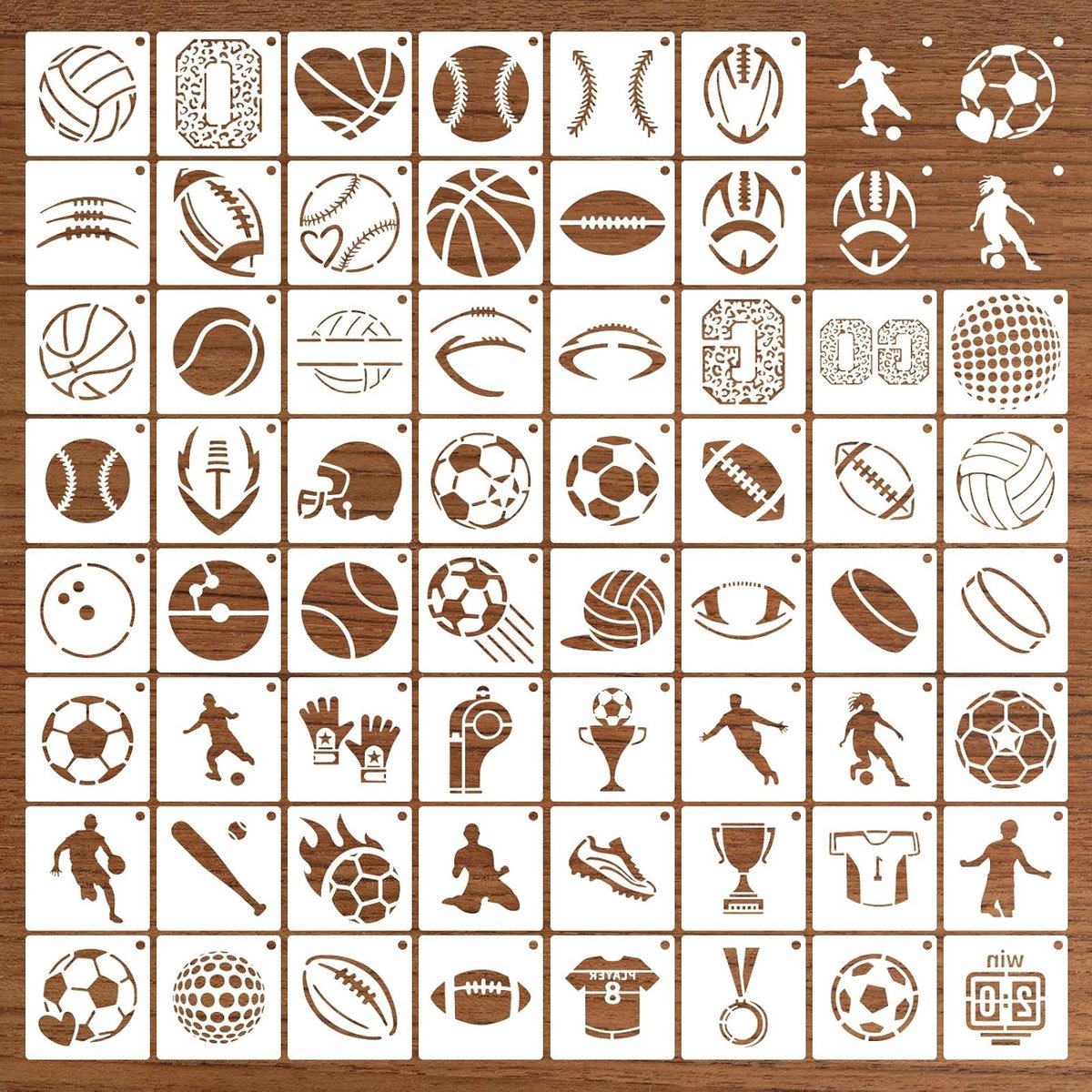 60 Stuks Sport Sjablonen Set voor Schilderen, Herbruikbare Stencils voor Hout, Stof en DIY Kleurboeken, Inclusief Voetbal en Diverse Sportthema's