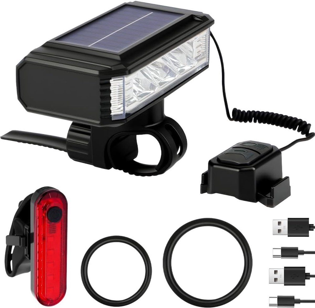 Heldere Fietslampen voor Voor- en Achterzijde, Oplaadbaar via Type-C en Zonne-energie, Waterdicht met LED-indicator en Afstandsbediening, 5+4 Verlichtingsmodi voor Veilig Fietsen