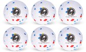 Zes witte ballen met rode, blauwe en gele spetters en Prime AnimalZ logo.