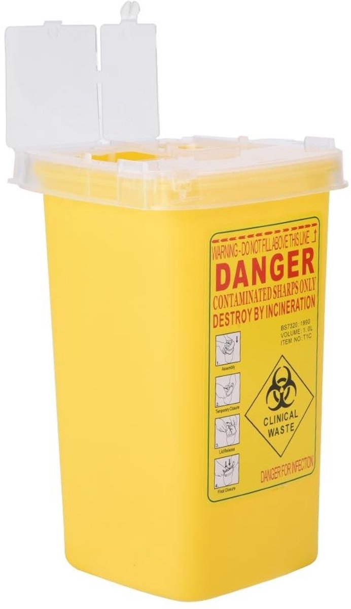 ONF3 - Sharps Bin - Afvalcontainer - Veilig gebruik - Geel - Medisch afval - 1 Liter - Ideaal voor naalden en scherpe voorwerpen