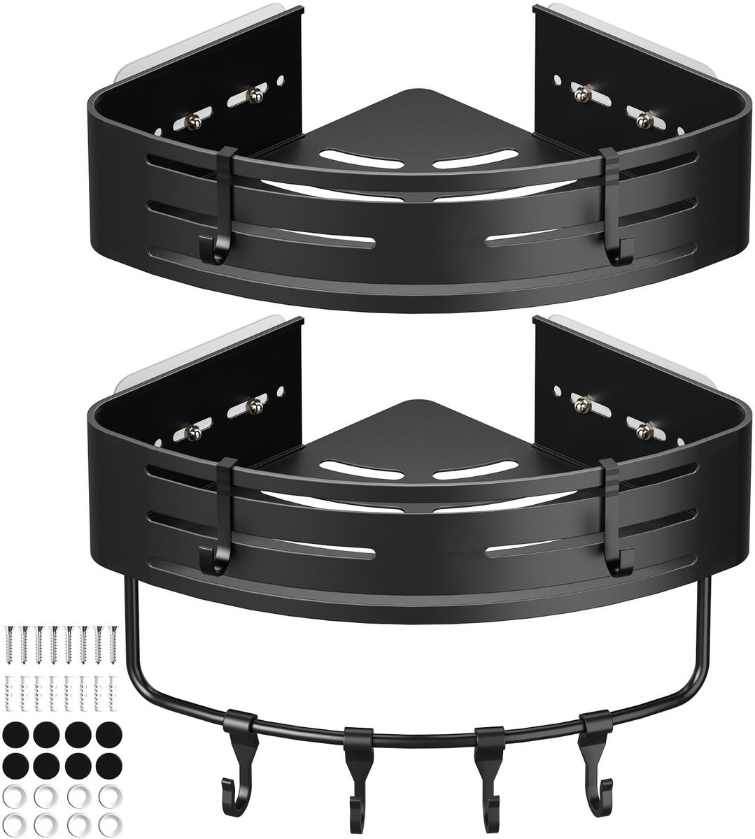 aladdien - Hoekdouche Caddy - Doucherek Zonder Boren - Roestvrijstaal - Zwart - Doucheopslag - Badkamer en Keuken - 2 Pack