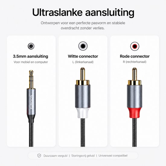 Connecteur jack 3.5mm avec connecteurs RCA blancs (gauche) et rouges (droite).