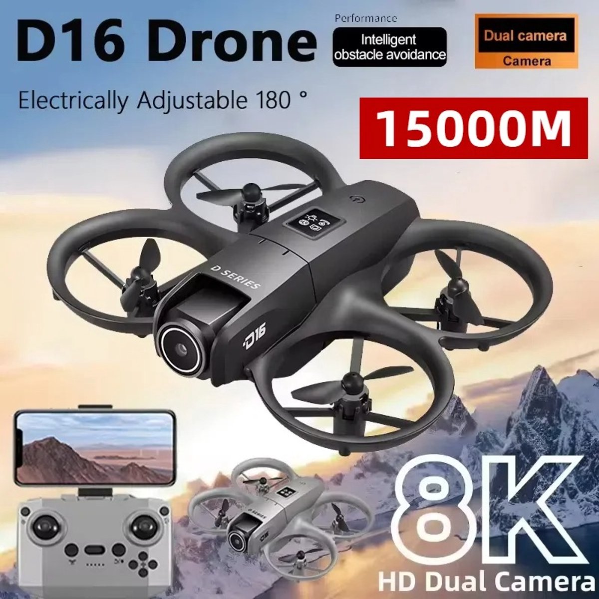 HOB Drone Dual 8K D16 - Mini Drone met Camera - 180 ° Verstelbare GPS-positionering - Obstakelvermijding - 15000 M - Zwart – foto 3
