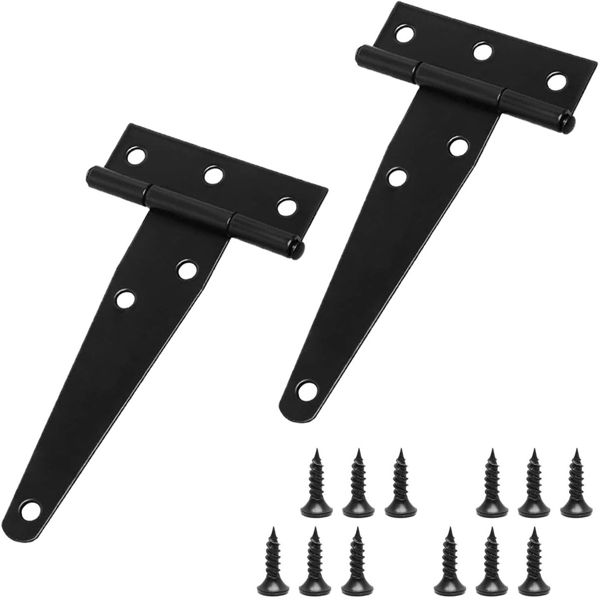 Set van 2 zware T-scharnieren van 100 mm in zwart, ideaal voor tuin- en kastdeuren, met veiligheidssluiting en roestvrijstalen afwerking.