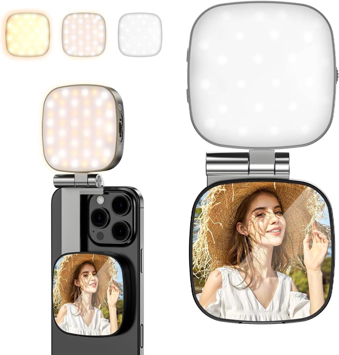 Upgrade Draagbare LED Selfie Lamp met Spiegel, Oplaadbare Vouwbare Houder voor iPhone en Android, Perfect voor Video, Foto, Streaming en Opnames met Mooi Licht