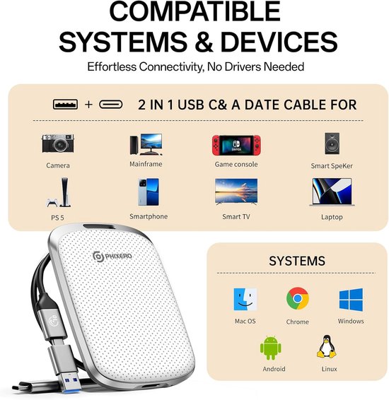 Externe SSD - Draagbare Opslag - Snelle Data Overdracht - Aluminium Legering Frame - 4TB - Wit — afbeelding 5