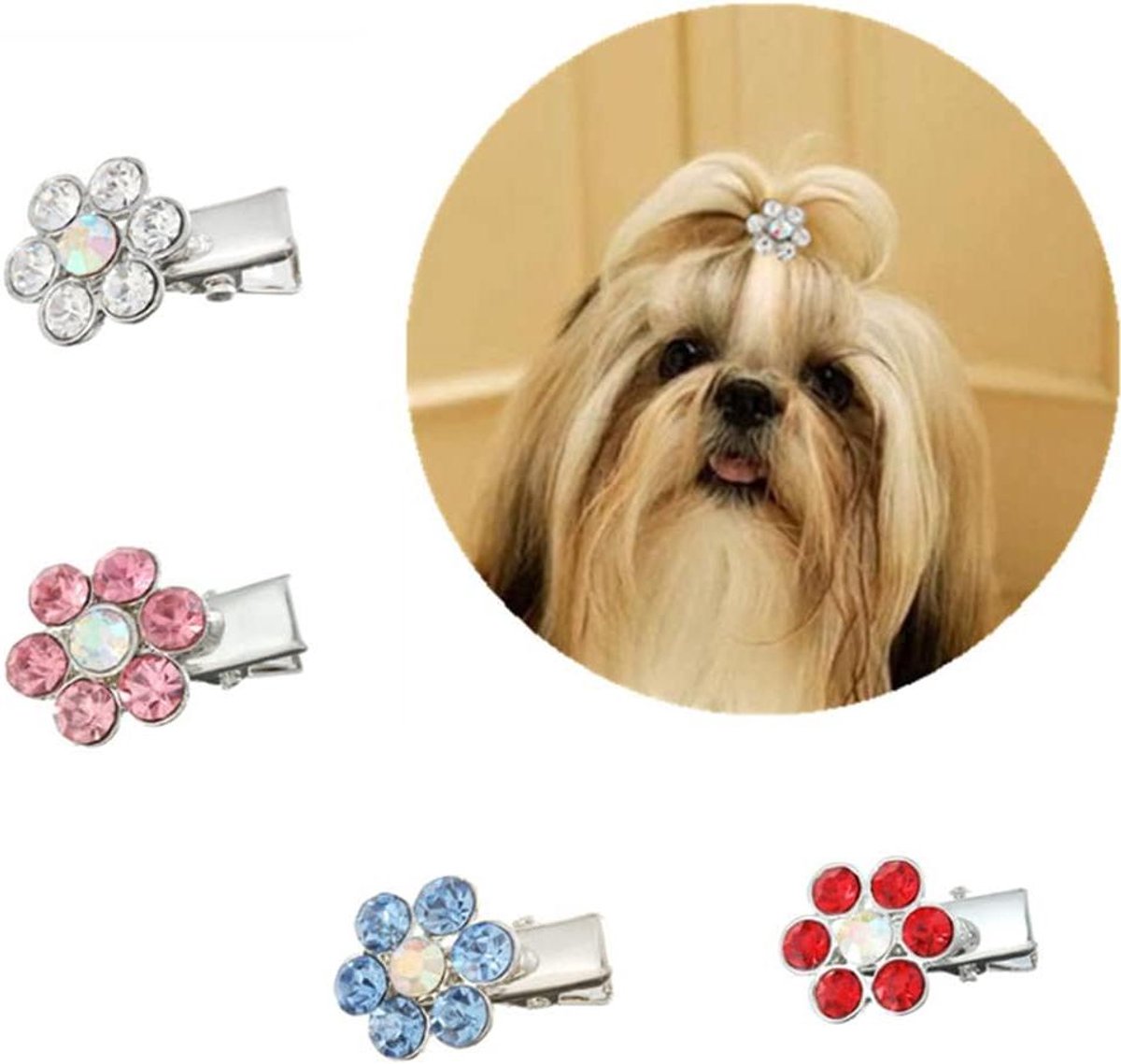 Honden Haarclips - Huisdier Accessoires - Feestelijke Aankleding - Sprankelende Strass - 4 Stuks - Wit Roze Blauw Rood