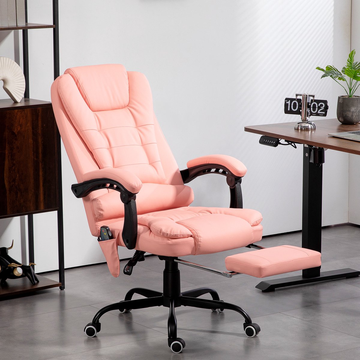 MODENUIT Bureaustoel 67 x 67 x 111-121 cm - 7-Punts Massage en Ligfunctie - Thuiswerkplek - Gebonden Leer Roze