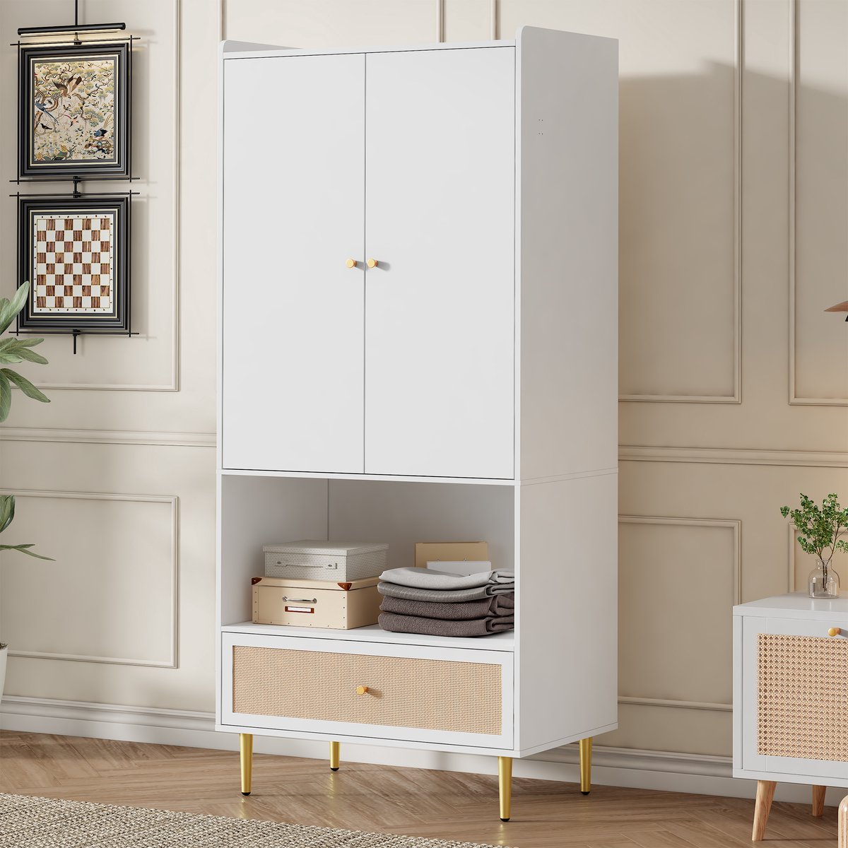 Kleiderschrank 80×48×175cm Wit | 2 Türen + Große Rattanschublade + Kleiderstange | Particle Board