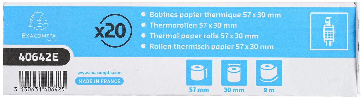 Exacompta 120x Rol 1vouw thermisch papier 55g 57x30mm zonder BPA (per20). - Wit - 40642E