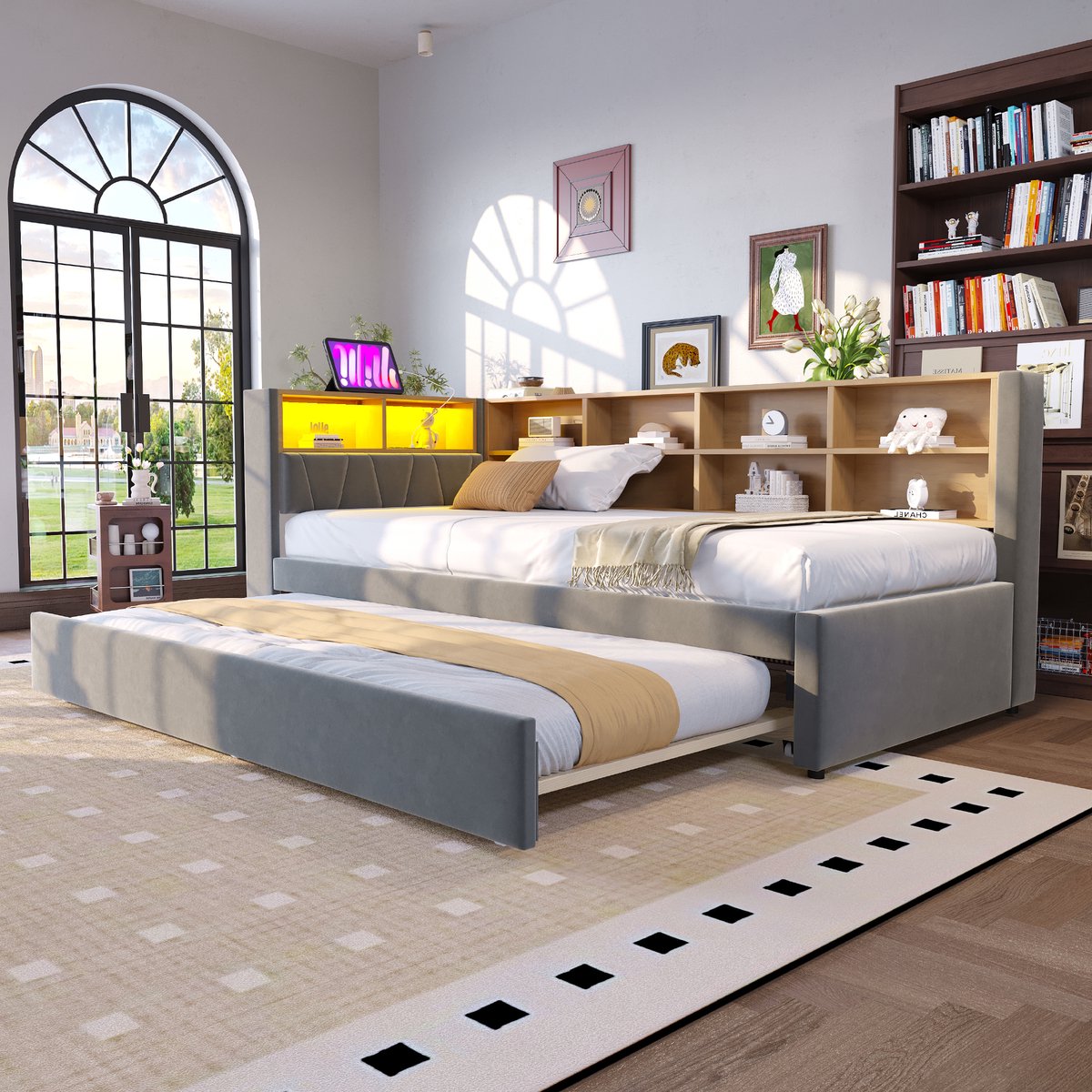 Wishdor Slaapbank met Uitschuifbed – 90 x 200 cm – Ledverlichting en Oplaadpunten – Flanellen Bekleding Donkergrijs – Inclusief Opbergvakken en Uitschuifbed 90 x 190 cm – Ruimtebesparend voor Woonkamer of Logeerkamer – Stabiel tot 150 kg