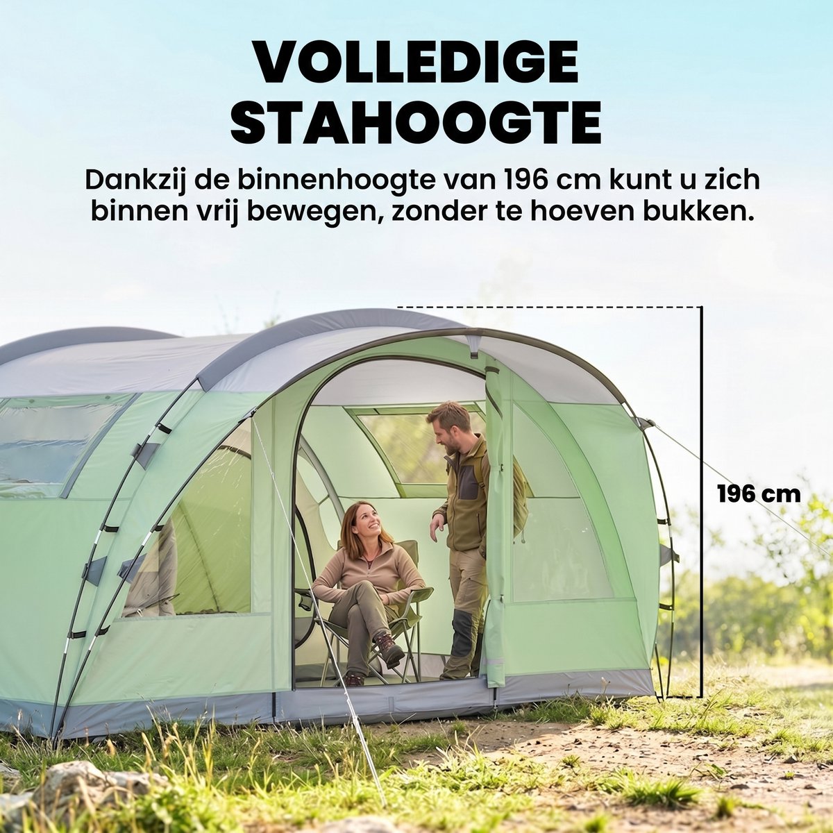 Familietent - 4-6 personen - Tunneltent met twee slaapkamers - Inclusief waterdichte regenhoes (3000 mm) en opbergtas - Eenvoudig op te zetten - Lichtgewicht en ademend - Voor Camping & Outdoor - 505x390x196 cm- Groen – foto 2