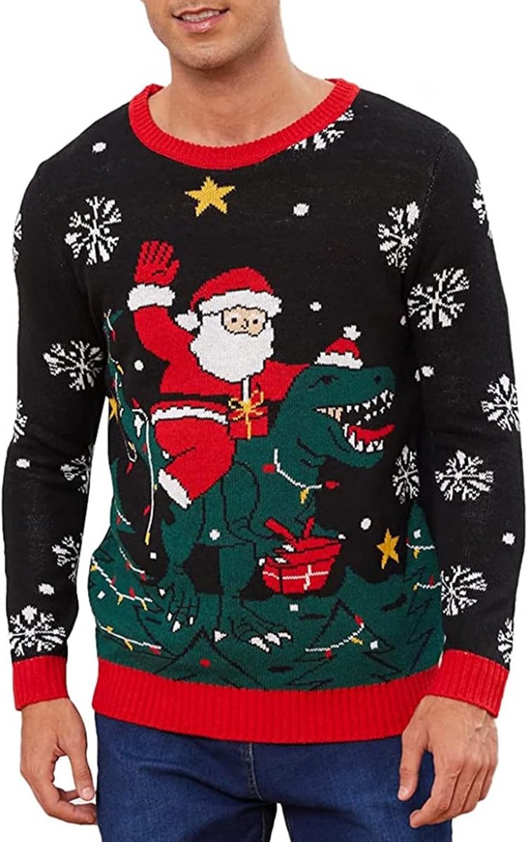 Grappige en lelijke kersttrui voor mannen met Dino en Santa, oversized gebreide trui voor jongens en tieners, perfect voor de winter en feestdagen