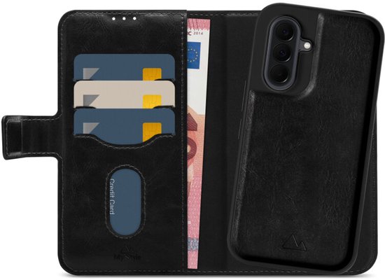 Étui portefeuille noir avec porte-cartes, compartiment billets et coque de téléphone séparée.