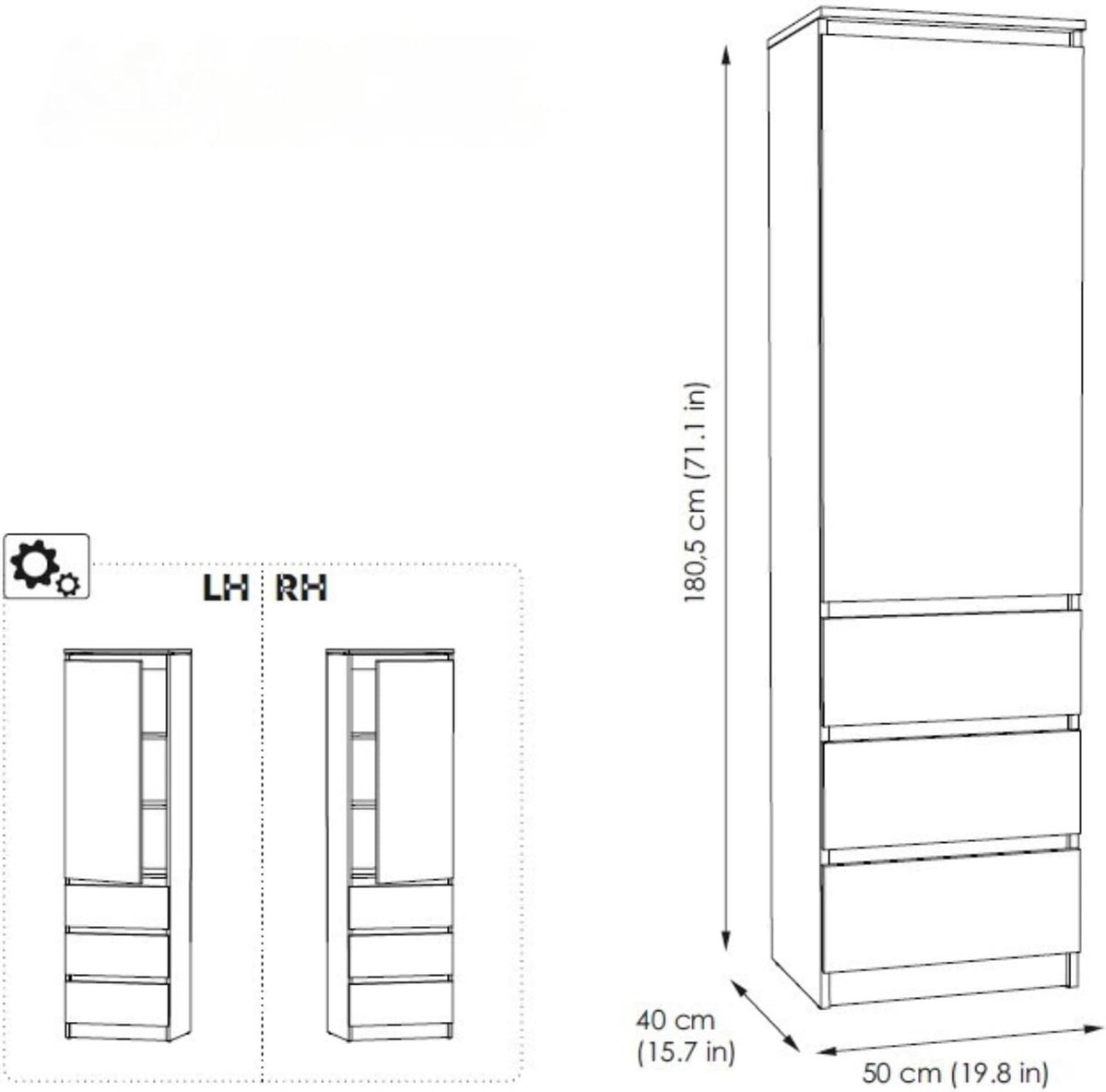 Kledingkast Smal 50 cm met 3 Planken en 3 Lades – Multifunctionele Garderobekast 180 cm Hoog – Moderne Opbergkast Slaapkamer/Hal – Antraciet/Eiken – ABTKantoor SlimStore 50