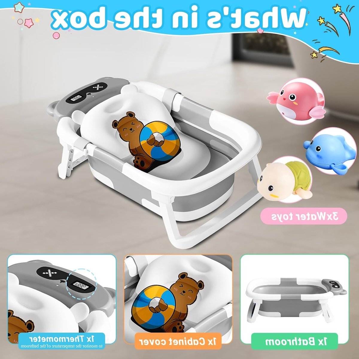 Vouwbare Babybadkuip met Thermometer, Badkussen en Afvoergat thumbnail 4