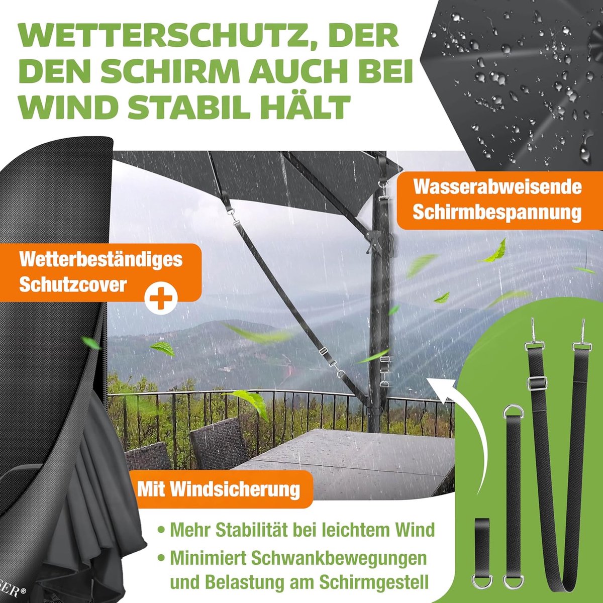 Zweefparasol LED Solar Ø325 cm Rond – 360° Draaibaar & Kantelbaar Aluminium Frame – UV50+ Waterafstotend Polyester – Inclusief Hoes, Windkabels & Handslinger – Antraciet – Mobili Bella