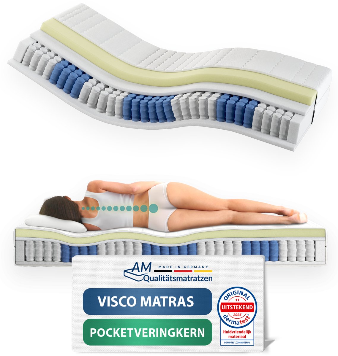 AM Qualitätsmatratzen Traagschuim matras 80x200cm - Gemiddeld (H3) - Traagschuim pocketveringmatras - Matras met geïntegreerde 6cm traagschuim deklaag - 24cm hoogte - Made in Germany Wit
