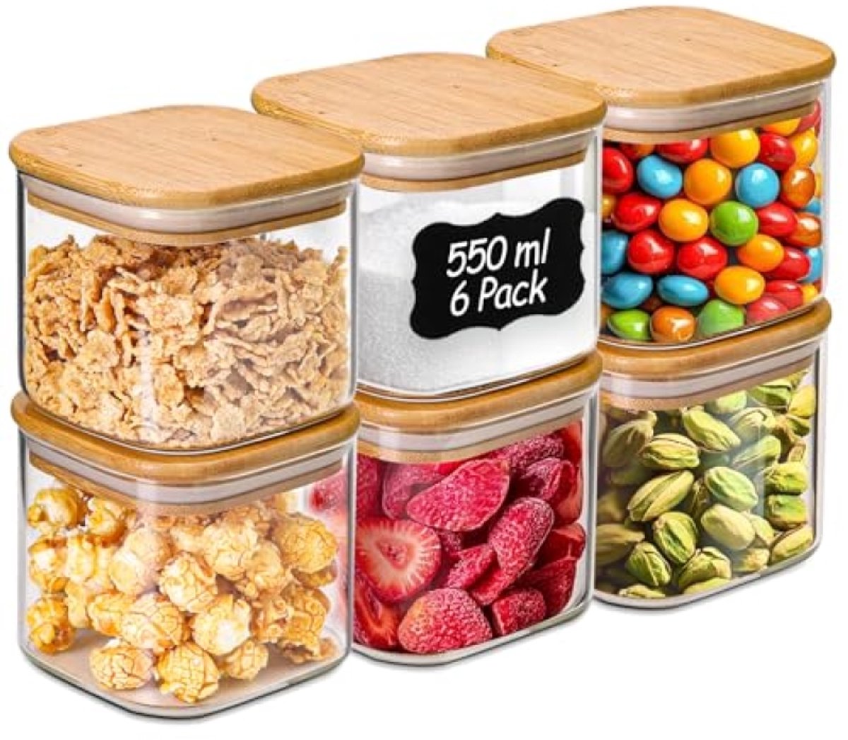 Set van 6 Glazen Voorraadpotten met Luchtdichte Deksel 550 ml Opslag voor Keuken