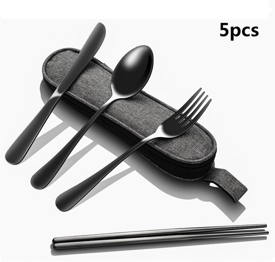 Campingbestek - Reisbestek Set - 5 stuks - met opbergtas - Eetgerei - Outdoor Camping Servies - voor outdoor, reizen, werk, school, reisgadgets, vaatwasbestendig - zwart van Merkloos — afbeelding 2