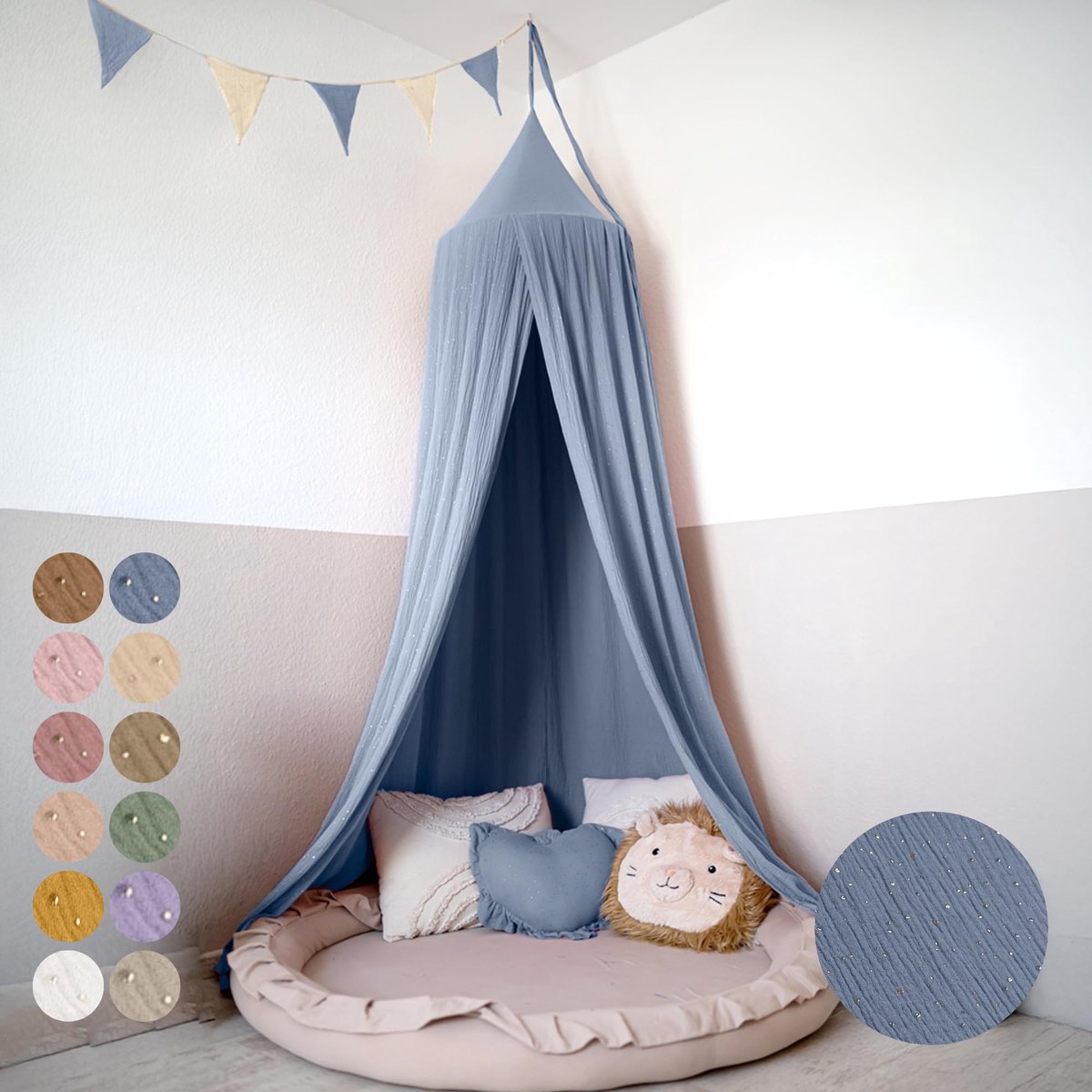 LILIMAUS Klamboe baby met gouden details - bedhemel en hemeltje kinderkamer - mousseline katoen - 245 cm - blauw
