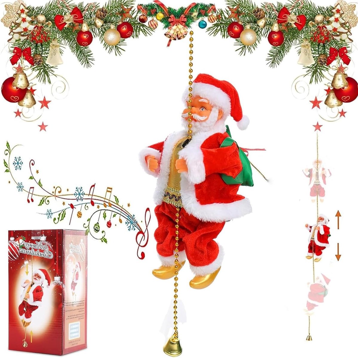 Klimmende Kerstman met Muziek, Elektronische Kerstdecoratie, Hangende Speelgoedpop voor Binnen en Buiten, Perfect voor Raam, Tuin en Kerstboom Versiering