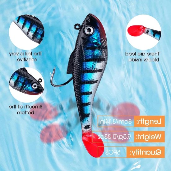 Set van 5 Gummi Vissers met Jigkoppen - Zachte Aas voor Roofvissen zoals Snoek, Baars en Forel (8cm) - Ideaal voor Zoet- en Zoutwatervisserij — afbeelding 2