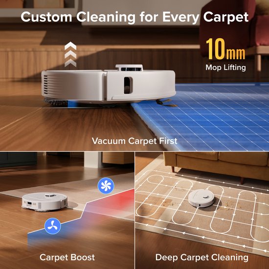 Witte robotstofzuiger met 10mm mop-liftfunctie voor het stofzuigen van tapijt, met carpet boost en diepe reiniging.