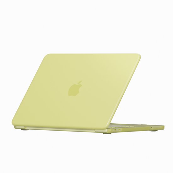 Housse MacBook Lunso jaune citron mat, avec logo Apple au dos.