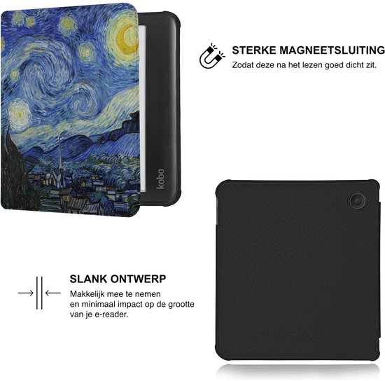 Lunso Geschikt voor Kobo Libra Colour hoes (7 inch) - Vegan Saffiano Leren sleepcover - Van Gogh Sterrennacht van Merkloos — afbeelding 4