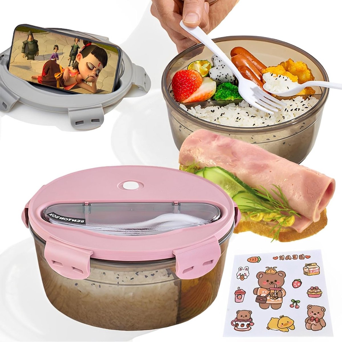 Ronde Brooddoos voor Magnetron, Lunchbox met 3 Compartimenten, Lekvrije Snackdoos voor Kinderen en Volwassenen, Ideaal voor Brood en Tussendoortjes