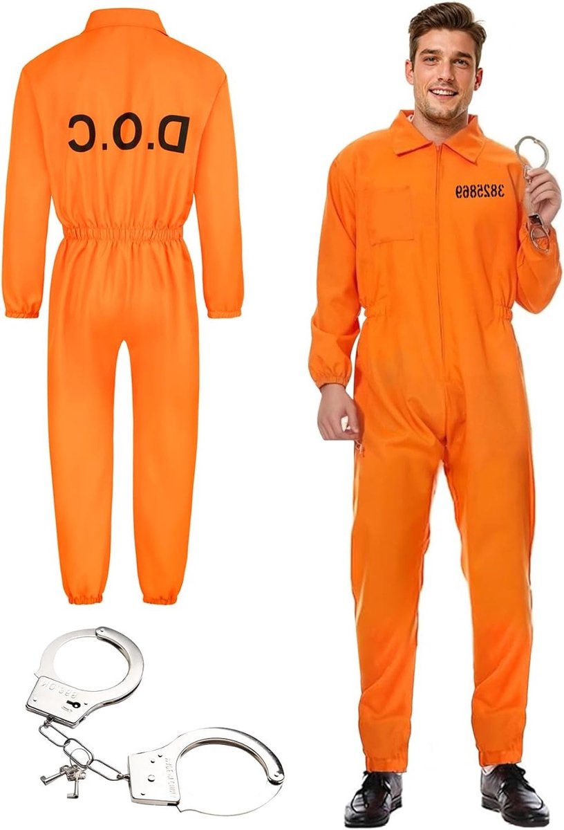 Oranje gevangeniskostuum voor mannen en vrouwen, unisex gevangenis jumpsuit voor carnaval en themafeesten, perfect voor kostuumfeesten en cosplay
