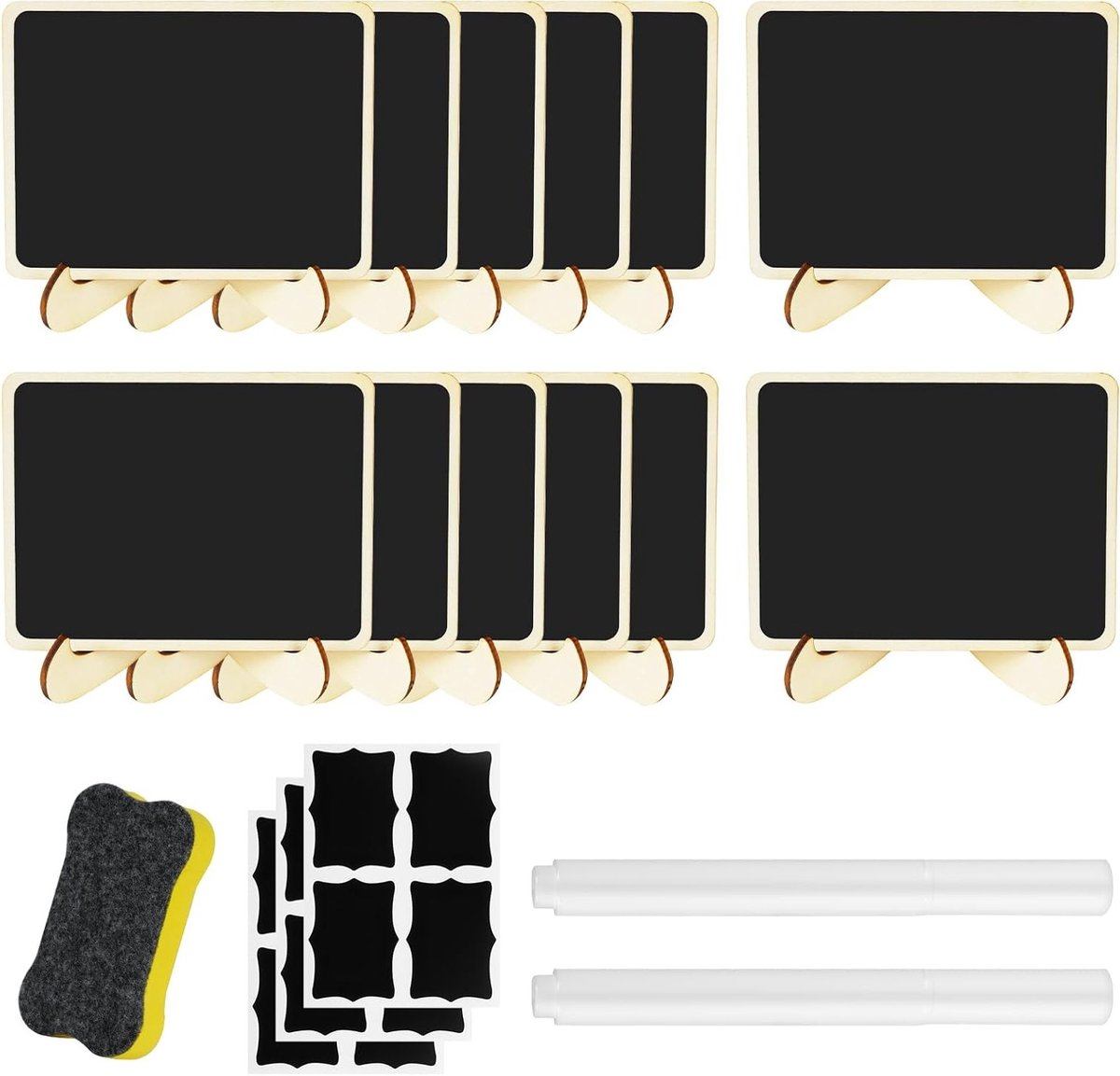 12 Stuks Mini Krijtbord Platen met Stand, Krijtpen en Papieren voor Buffet Labels, Tafelnummering en Prijskaartjes
