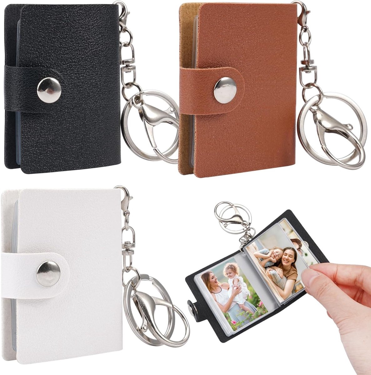 Mini Fotoalbum Set met Sleutelhanger, Persoonlijk DIY Album, Draagbaar met 10 Compartimenten, PVC in Wit, Zwart en Bruin - Perfect voor Herinneringen en Cadeaus