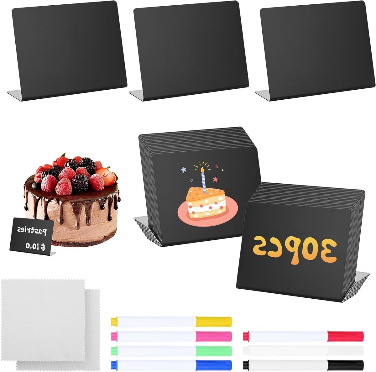 Set van 30 Kleine L-vormige Prijslabels, 100 x 75 mm, Ideaal voor Bakkerij, Café, Bruiloften en Buffetten met 7 Pennen voor Makkelijk Schrijven