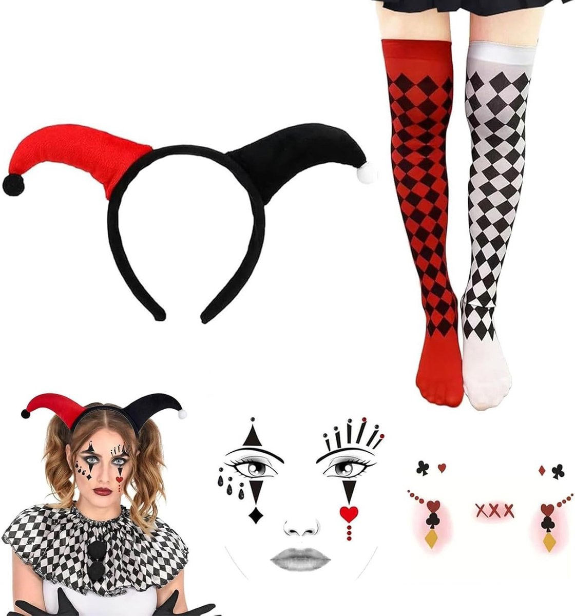 Vrouwelijk Harlequin Kostuum - Clown Accessoires Set met Hoofdband, Gezichtstickers en Ruitpatroon Kousen voor Halloween en Carnavalsfeesten