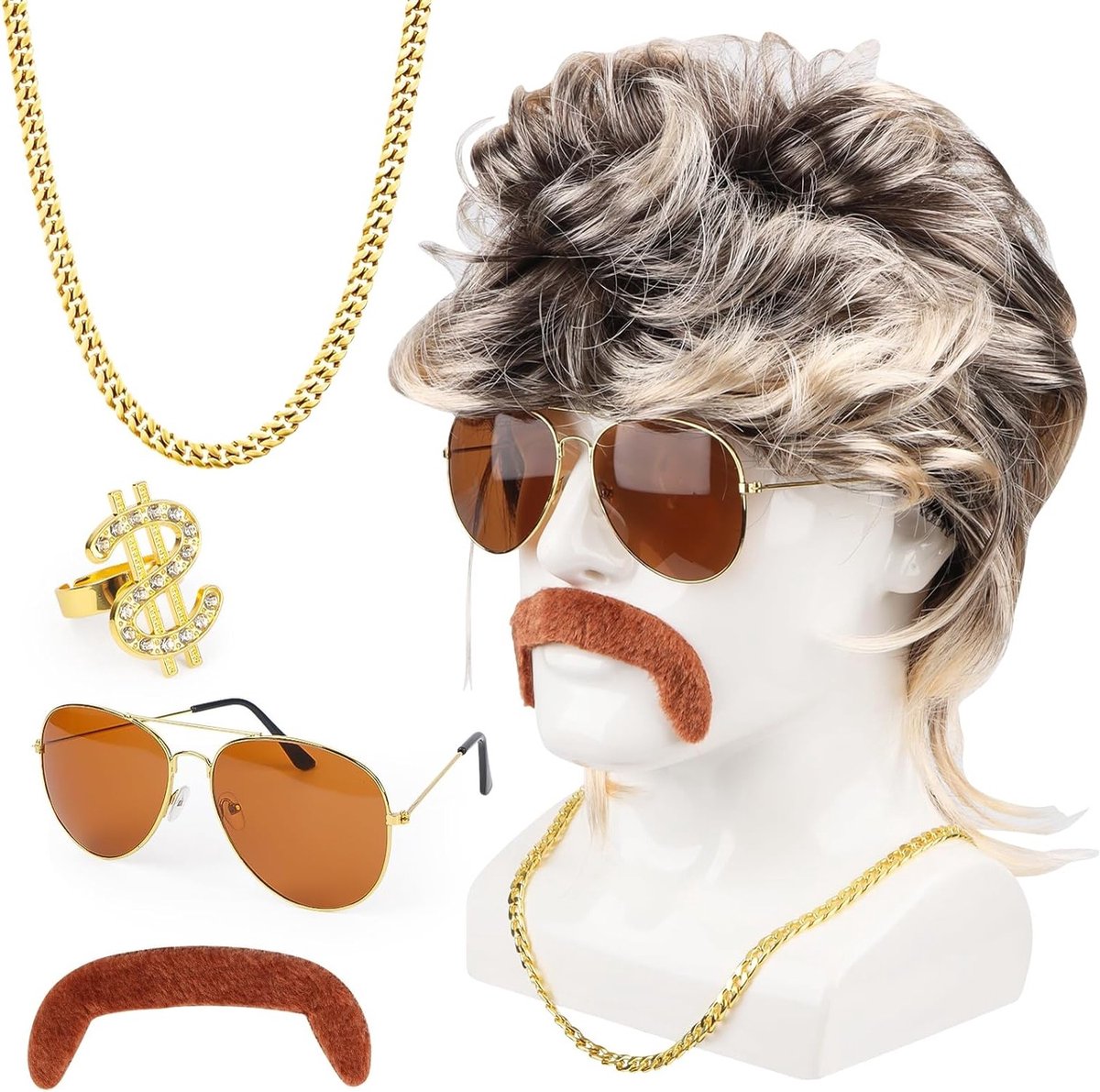 Retro 1980s kostuum met vokuhila pruik, snor, ketting, ring en zonnebril voor cosplay, Halloween en themafeesten