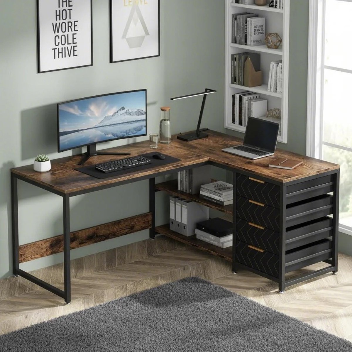L-vormig Hoekbureau met Laadstation en Opbergruimte - Bruin, 120x80 cm