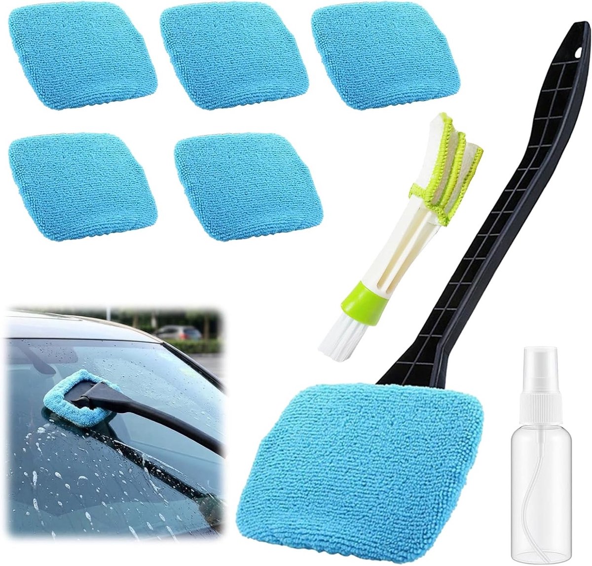 Ruitenreiniger voor auto met 6 microvezelpads, spuitfles en ontluchtingsborstel voor optimale reiniging en zichtbaarheid
