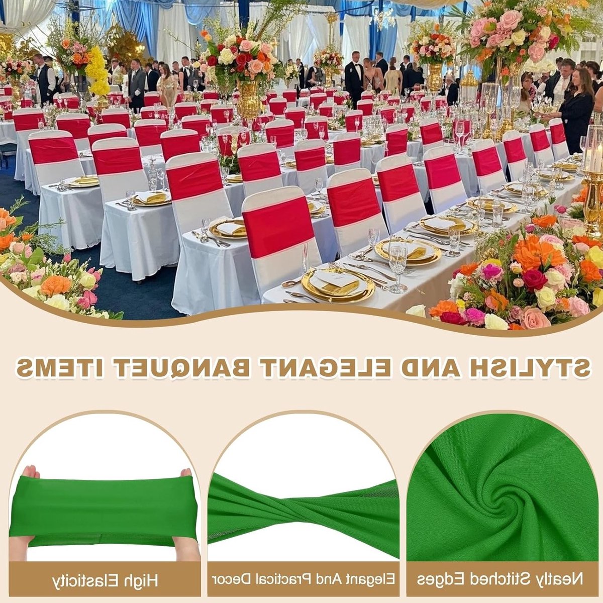 Premium Spandex Stoelsjerpen Strikken - 100 stuks Elastische Stretch Stoelhoes Band met Slider Gesp voor Verjaardagsfeest, Bruiloft en Decoratie, Groen