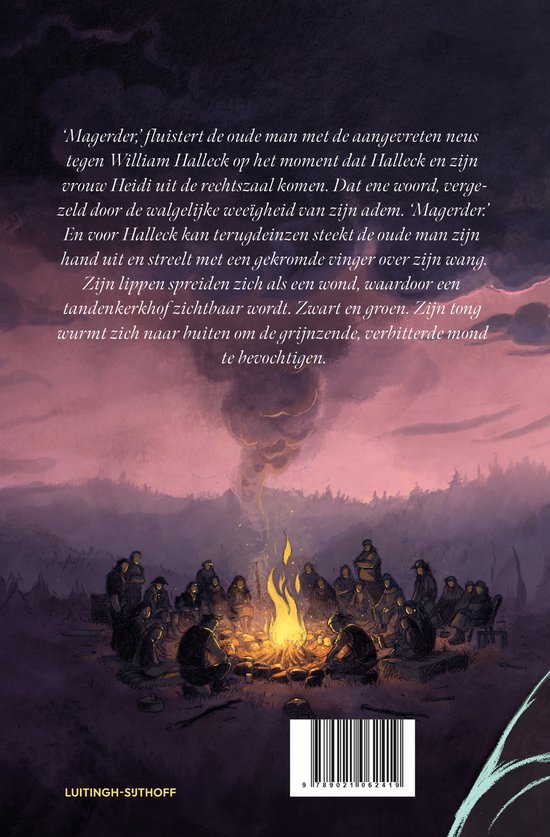 Illustratie van een groep mensen rond een kampvuur met een stormachtige lucht erboven.
