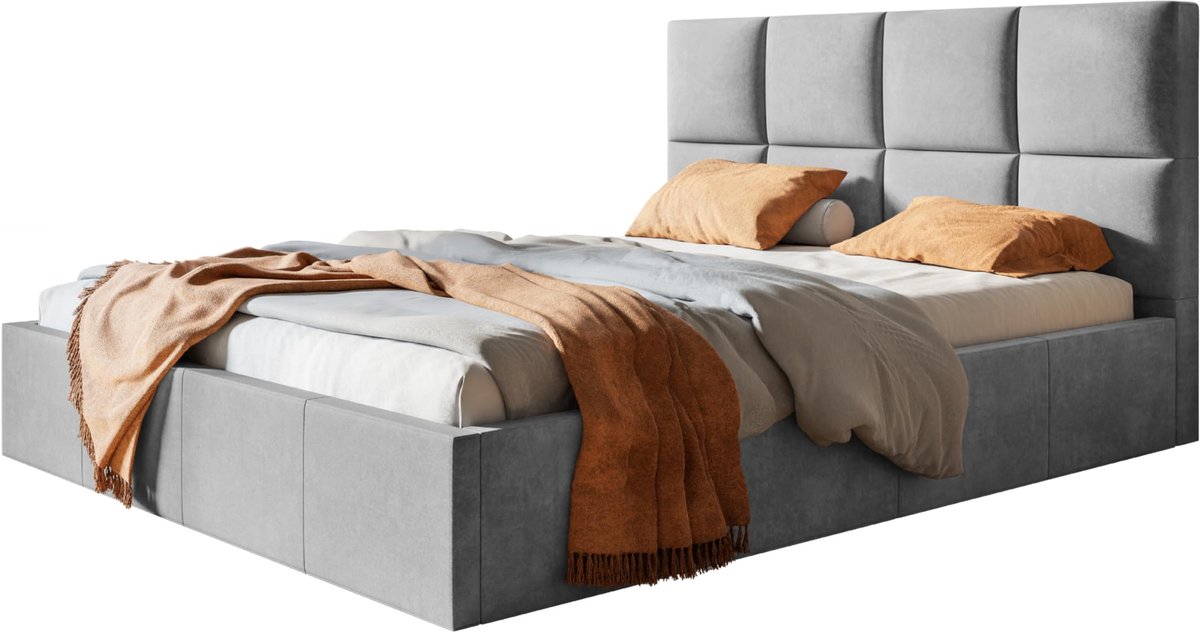Roma Slim gestoffeerd bed met hoofdeinde, 160 x 200 cm, tweepersoonsbed met bedlade en lattenbodem van metal, kleur: grijs, veloursstof