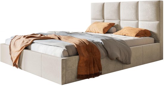 AlpiMeble Roma Slim gestoffeerd bed met hoofdeinde, 140 x 200 cm, tweepersoonsbed met bedlade en lattenbodem van metal, kleur: beige, velours