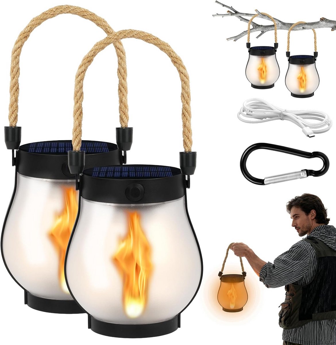 Set van 2 Buitenlampen op Zonne-energie met Realistisch Flikkerend Vlam Effect