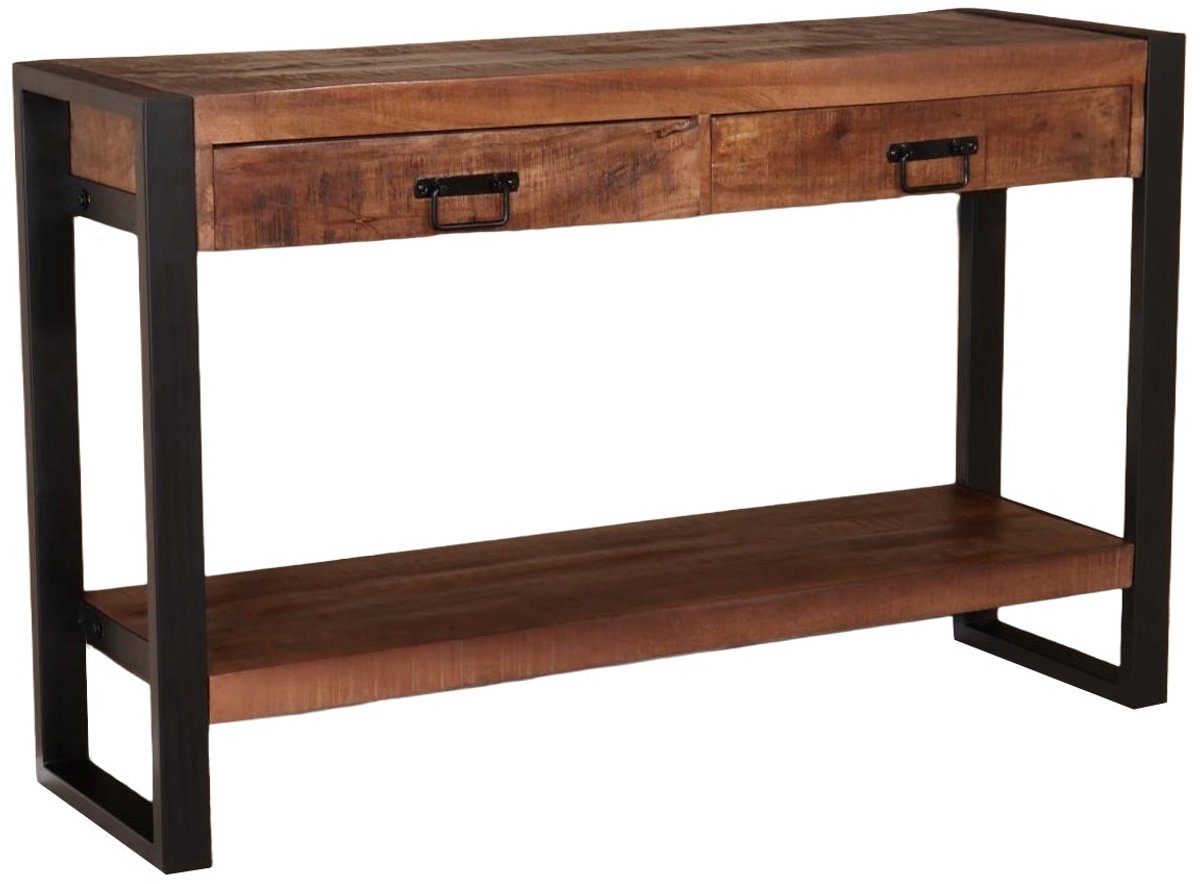 Lizzely Garden & Living Bijzettafel mangohout Vera 120cm met 2 lades industrieel duurzaam massief hout side table Bruin