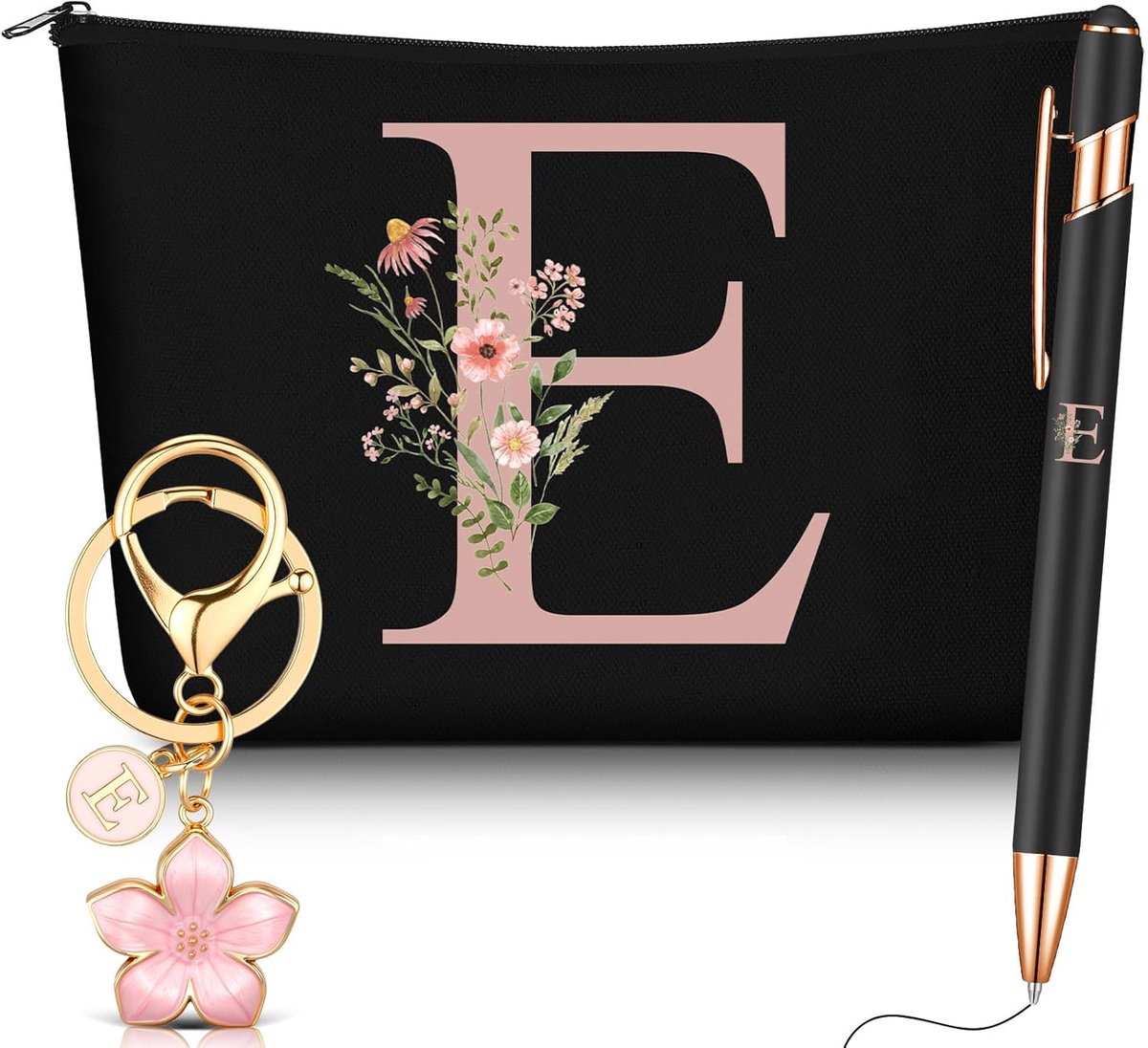 Cadeauset Vrouwen - Make-up tas sleutelhanger pen - Persoonlijk cadeau - Met initialen en bloemen