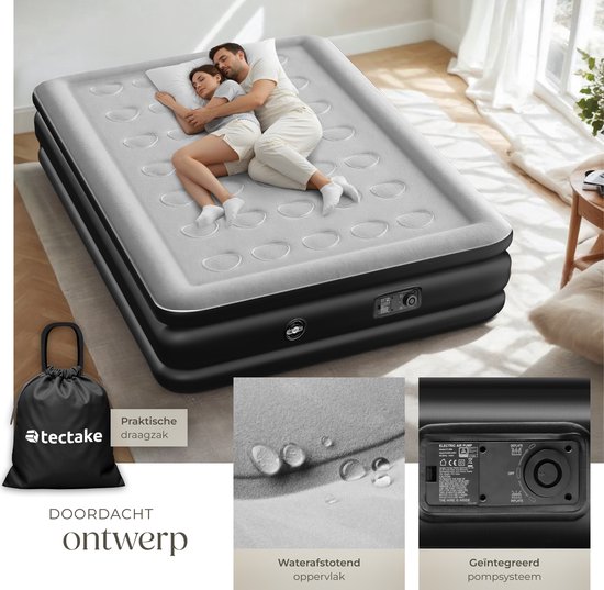 tectake® - Opblaasbaar matras AirDreams met elektrische pomp - Inclusief draagtas met koordsluiting - Waterafstotend - Slaapkamer - Camping - Logeerbed - Afmeting (LxBxH) 200 x 148 x 44 cm van Merkloos — afbeelding 4