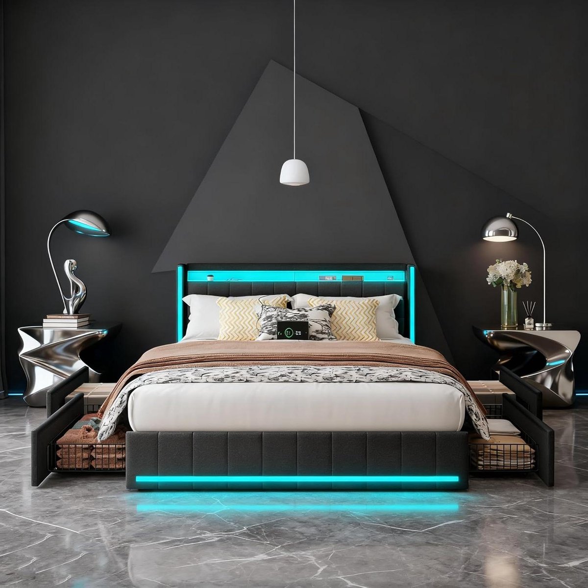 Gestoffeerd Bed - Tweepersoonsbed Linnen - Moderne Slaapkamer - Ingebouwde USB Oplader - 1